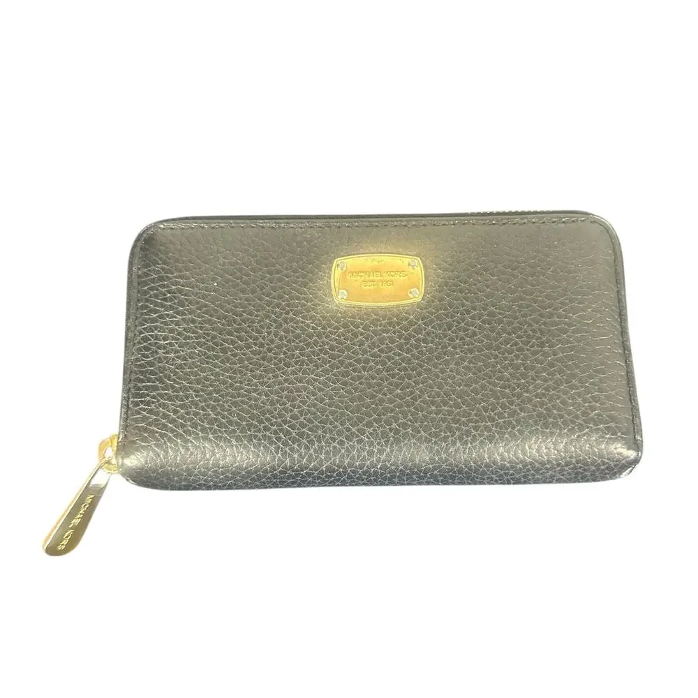 Michael Kors Black Pebbled Leather Zip Around Wallet Gold Hardware